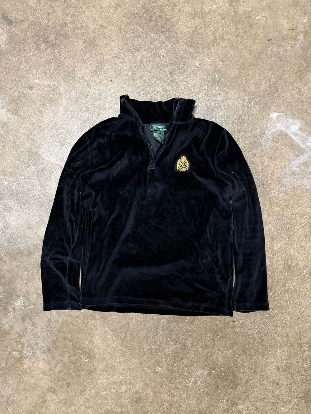 Lauren Ralph Lauren Velour 1/4 Zip Pullover Size S Black Crest Logo